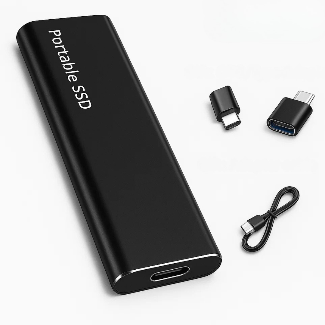 Disque SSD portable noir avec connecteurs USB-C et adaptateurs, câble inclus. Stockage externe rapide et compact pour ordinateurs et appareils mobiles.