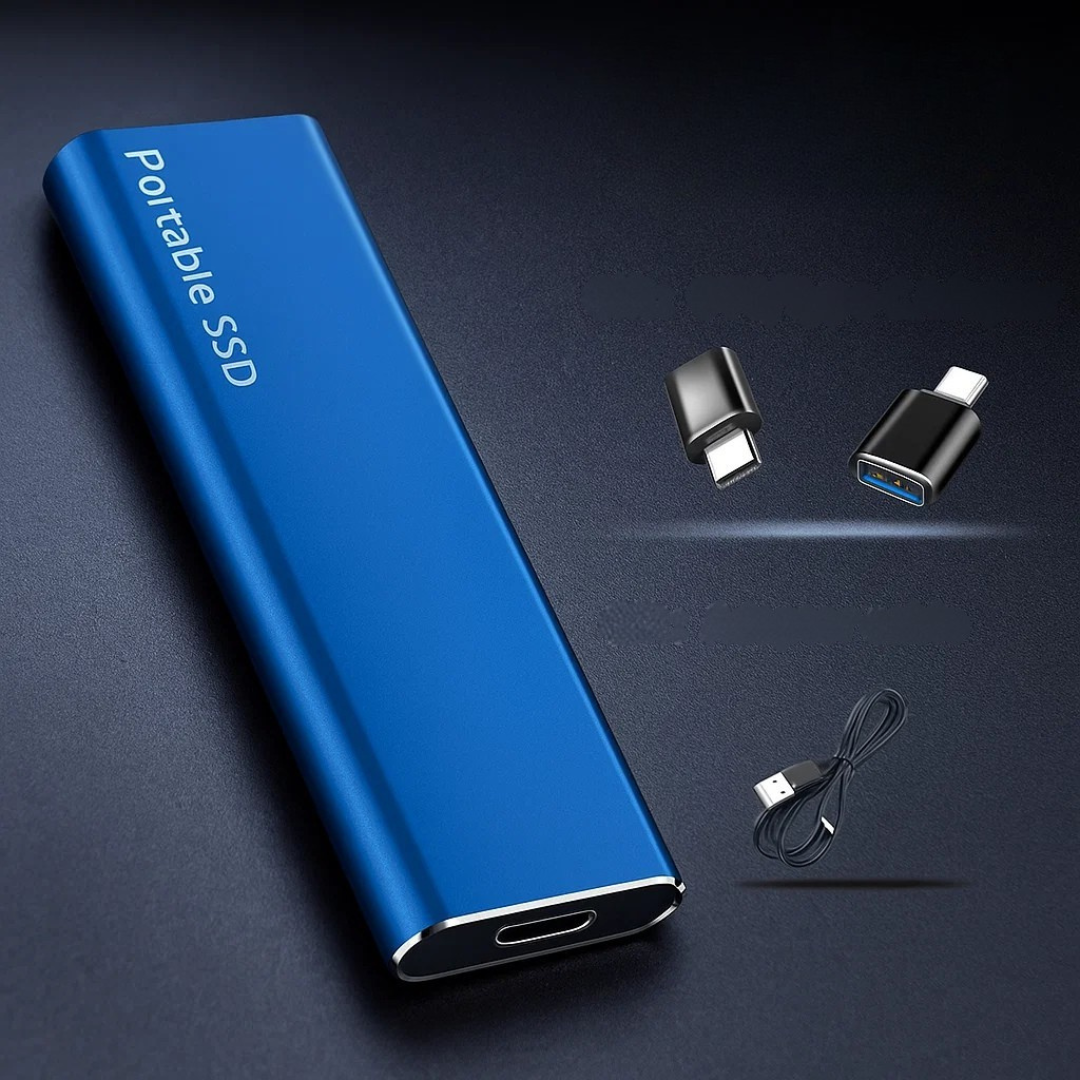 Disque SSD portable bleu avec adaptateurs USB-C et câble USB, stockage externe rapide et compact pour PC et Mac, technologie de transfert de données rapide.