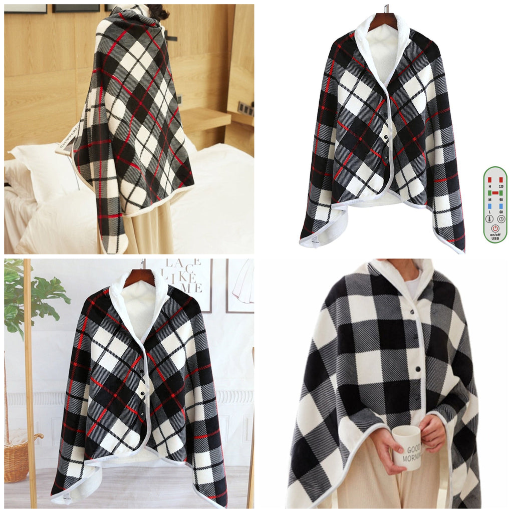Châle chauffant à carreaux noir et blanc, design élégant, idéal pour l'hiver. Accessoire mode confortable avec boutons, parfait pour la maison.