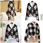 Châle chauffant à carreaux noir et blanc, design élégant, idéal pour l'hiver. Accessoire mode confortable avec boutons, parfait pour la maison.