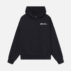Sweat à capuche noir unisexe, logo blanc sur la poitrine, poche kangourou, style décontracté, mode streetwear, coton confortable.