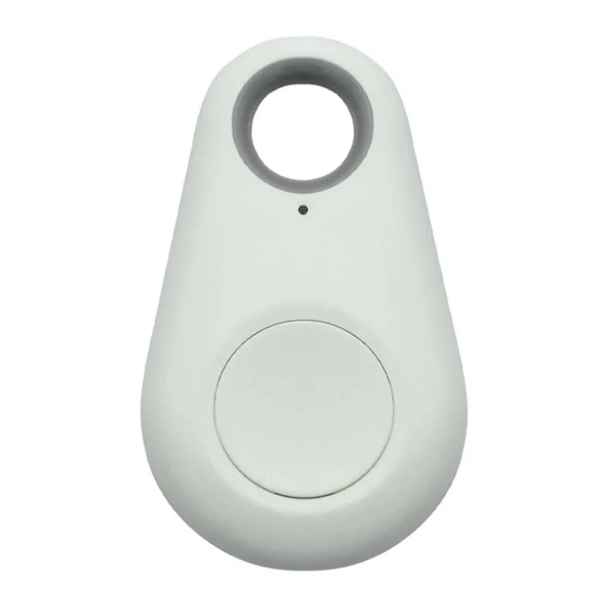 Traceur Bluetooth blanc en forme de goutte, avec bouton central et trou pour attache. Accessoire de localisation pour clés ou objets personnels.