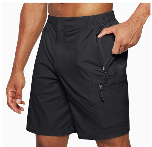 Short noir pour homme avec poches zippées, ceinture élastique, tissu léger et respirant, idéal pour le sport et les activités de plein air.
