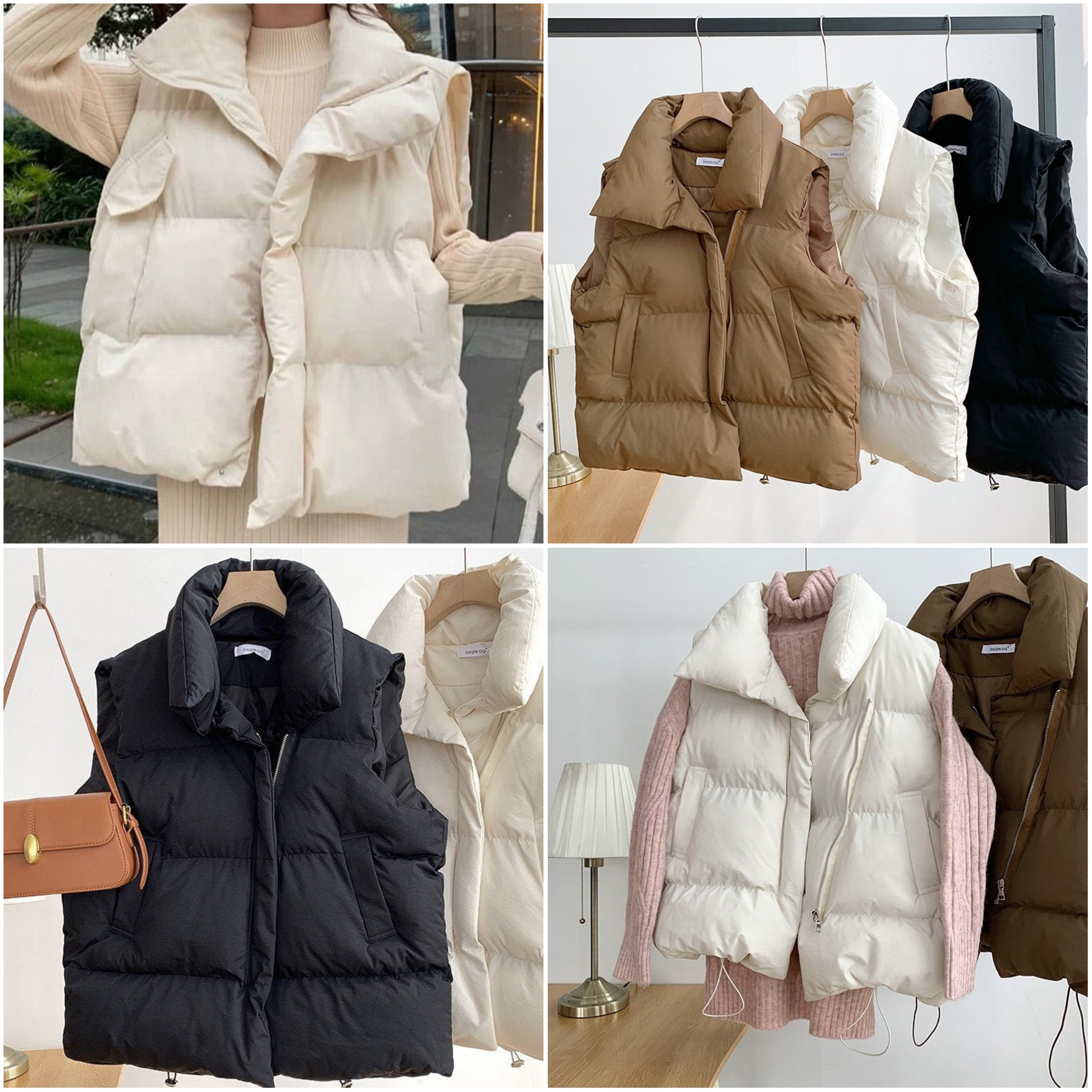 Quatre doudounes sans manches pour femme en blanc, noir et marron, accrochées et portées, idéales pour l'hiver. Mode féminine, vêtements chauds.