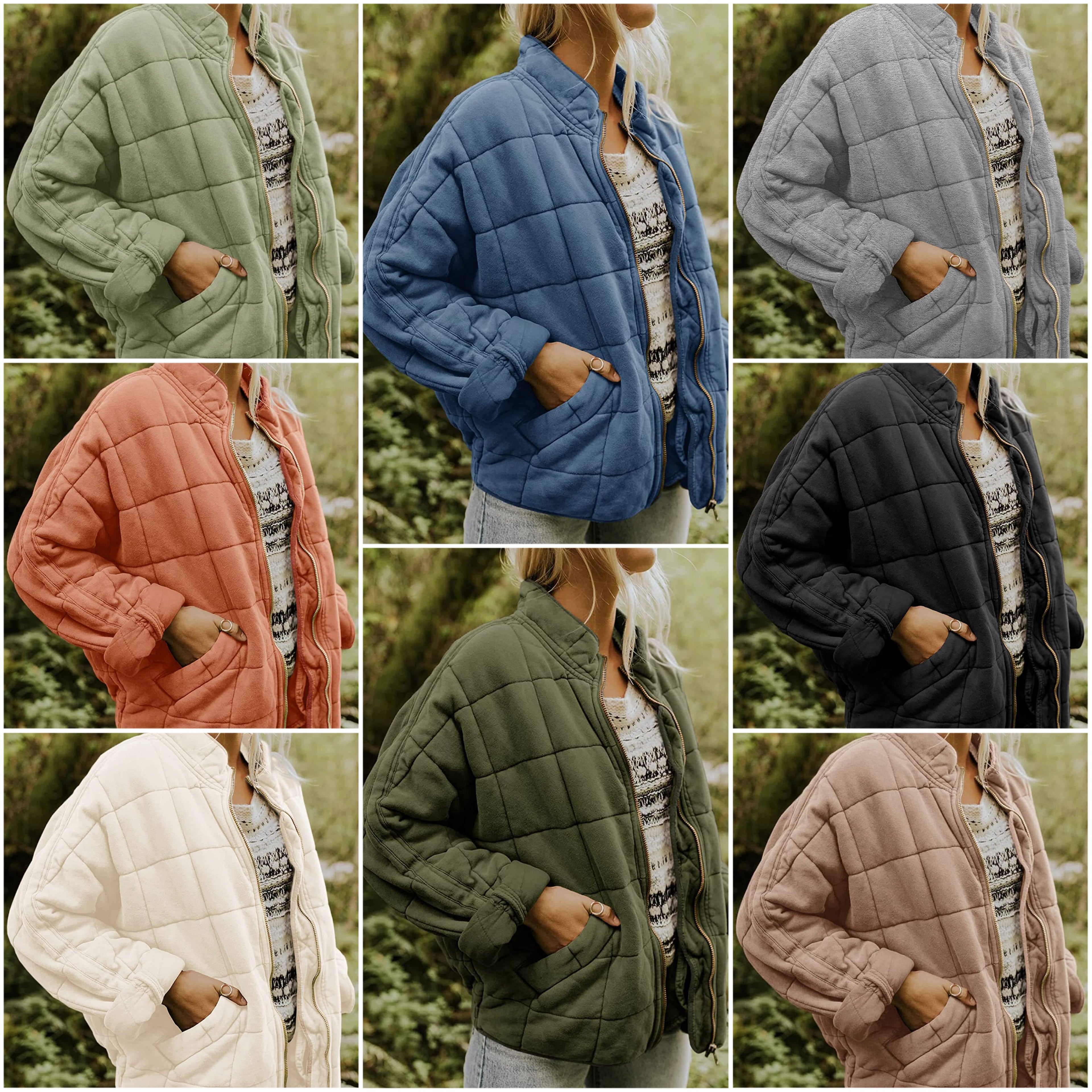 Veste matelassée pour femme en neuf couleurs: vert, bleu, gris, rose, noir, blanc, kaki, beige. Mode automne, style décontracté, tendance 2023.