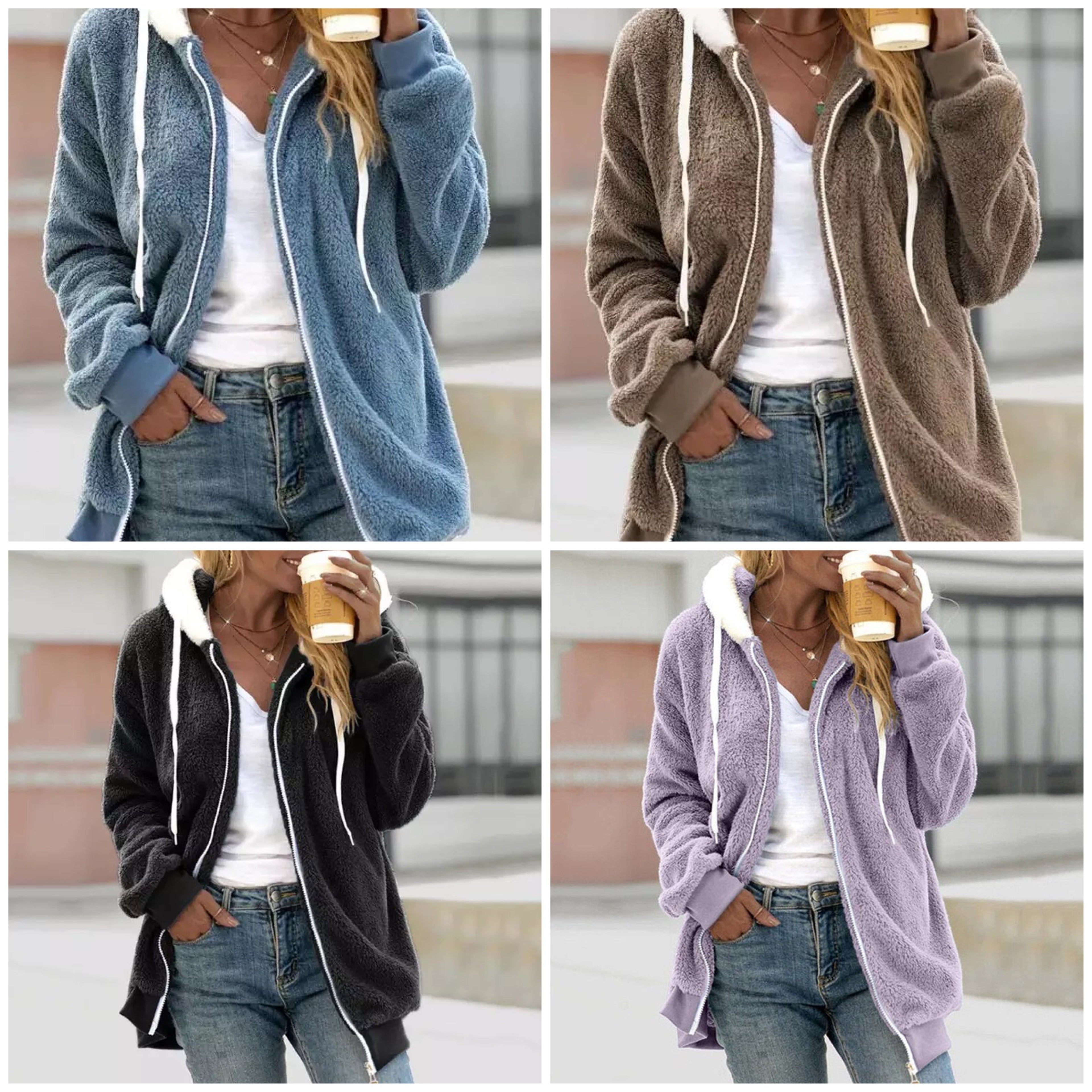 Femme portant un sweat à capuche en polaire, disponible en bleu, marron, noir et violet, avec un t-shirt blanc et un jean, tenant un café.