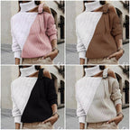 Femme portant un pull asymétrique en tricot, disponible en rose, marron, noir et beige, avec col roulé blanc, manches longues, style urbain.