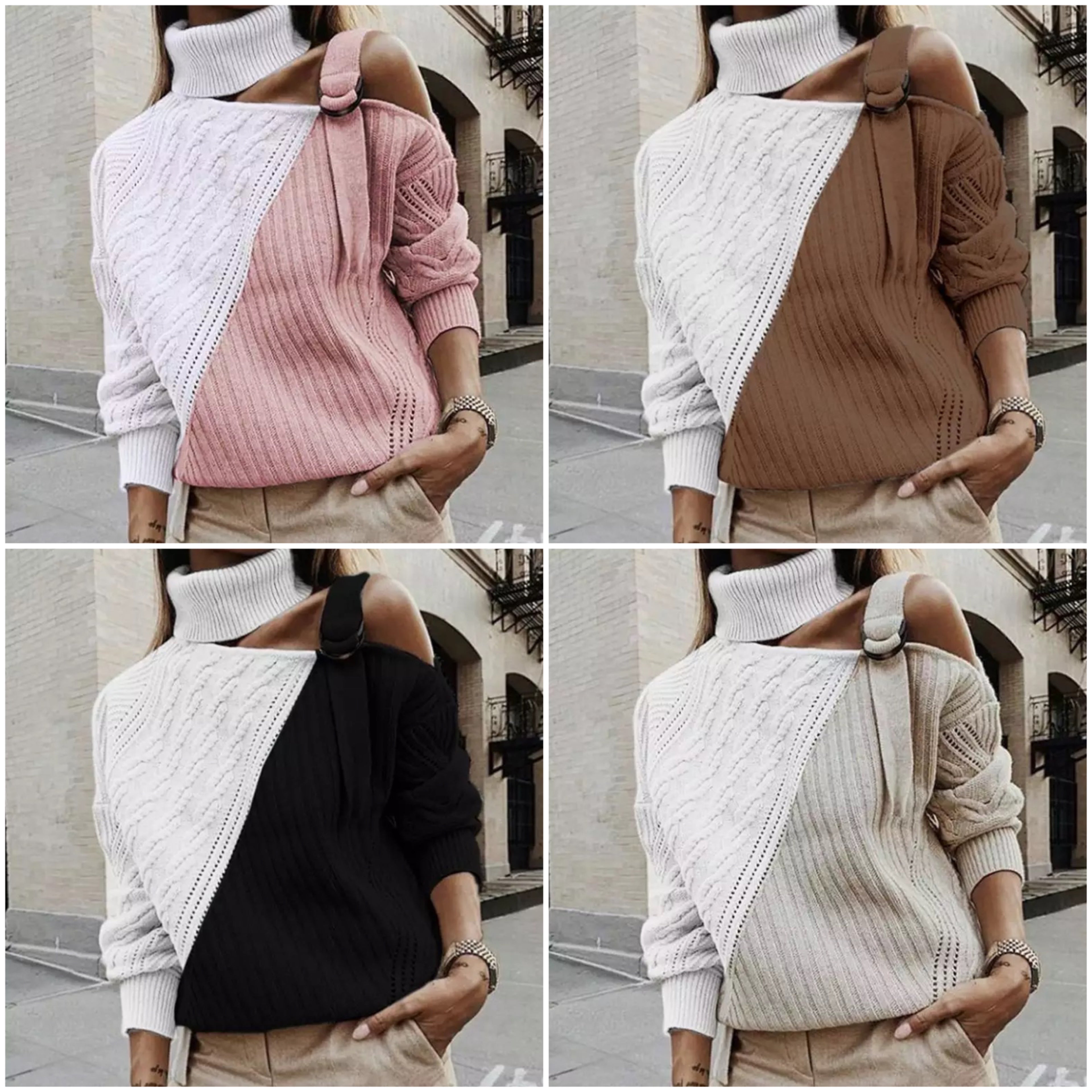 Femme portant un pull asymétrique en tricot, disponible en rose, marron, noir et beige, avec col roulé blanc, manches longues, style urbain.