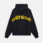 Sweat à capuche noir avec inscription jaune "withlove" au dos, style décontracté, mode urbaine, tendance streetwear, vêtement unisexe.