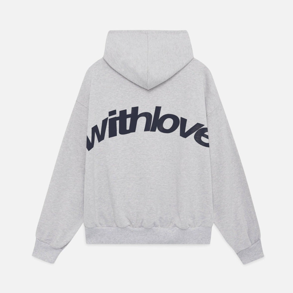 Sweat à capuche gris avec inscription "withlove" en noir, style décontracté, mode urbaine, vêtement tendance, arrière du hoodie.