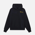 Sweat à capuche noir unisexe avec logo jaune, poche kangourou, manches longues. Mode streetwear, tendance, confortable, casual.