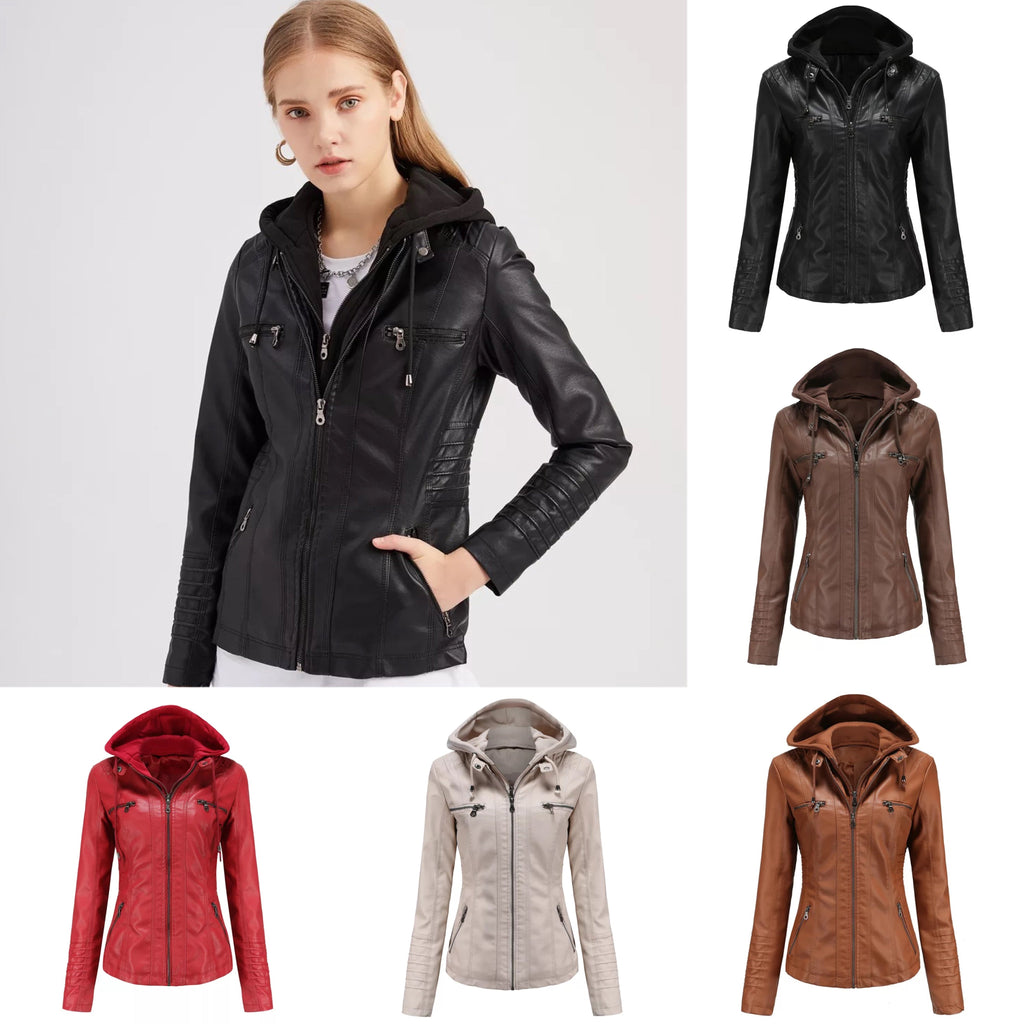 Jeune femme portant une veste en cuir noir avec capuche, accompagnée de quatre vestes similaires en rouge, beige, marron et noir, sur fond blanc.