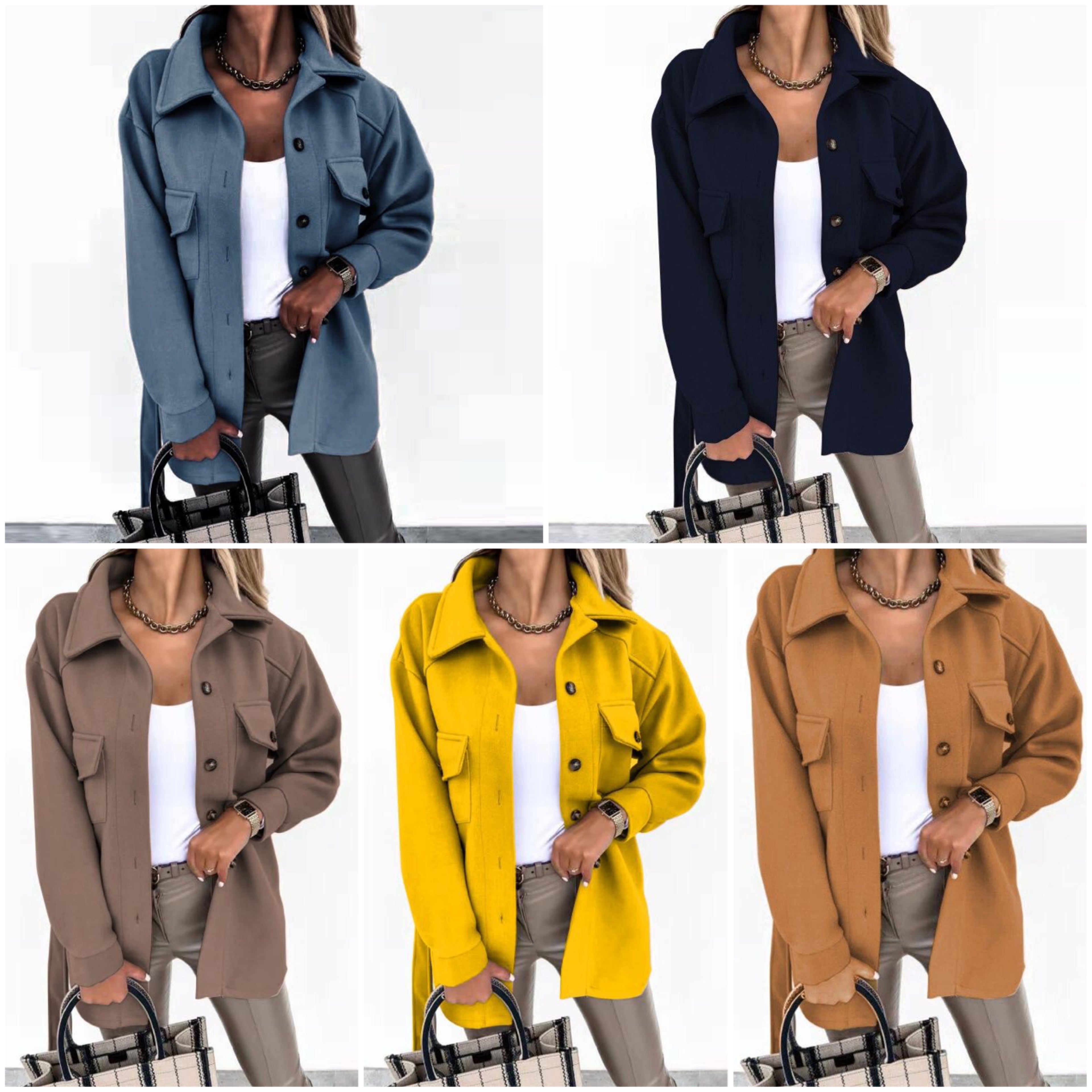Femme portant une veste surchemise en cinq couleurs: bleu, noir, beige, jaune, marron. Mode automne, tenue décontractée, sac à main.