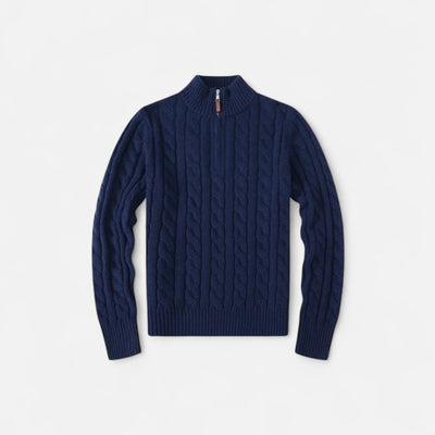 Pull-over bleu marine en laine torsadée avec col zippé, style élégant et chaud, idéal pour l'hiver. Mode homme, vêtement tendance.