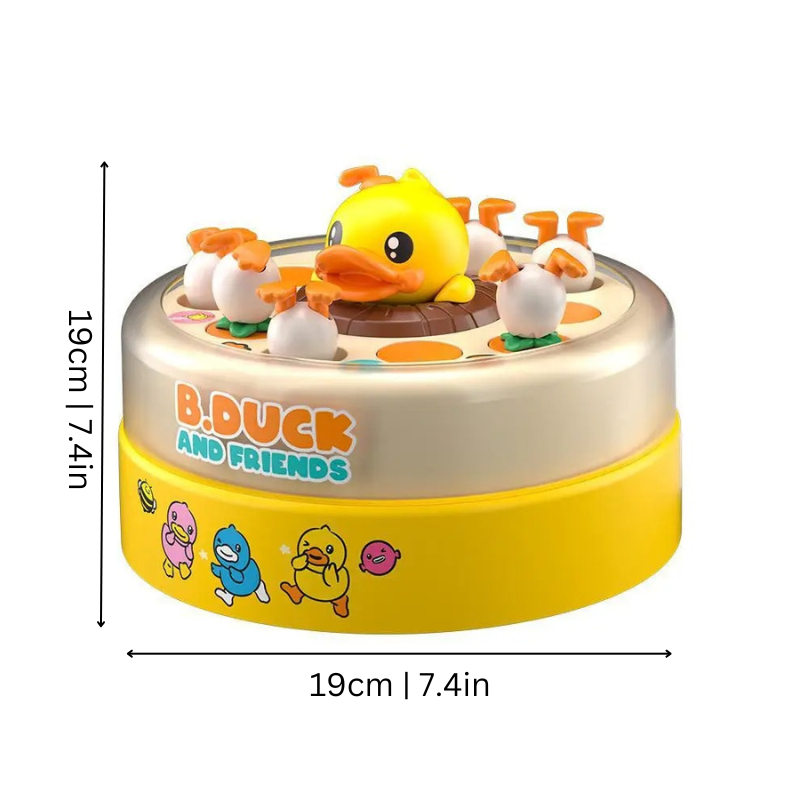 Jouet musical B.Duck et amis, canard jaune au centre, dimensions 19cm, design coloré, idéal pour enfants, décoration ludique, cadeau original.