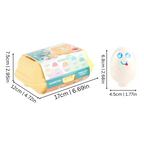 Boîte à œufs jouet éducatif pour enfants, contenant des œufs géométriques colorés avec visages souriants, dimensions indiquées en centimètres et pouces.