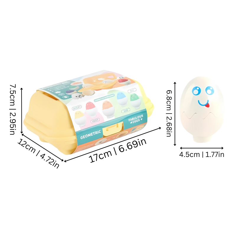 Boîte à œufs jouet éducatif pour enfants, contenant des œufs géométriques colorés avec visages souriants, dimensions indiquées en centimètres et pouces.