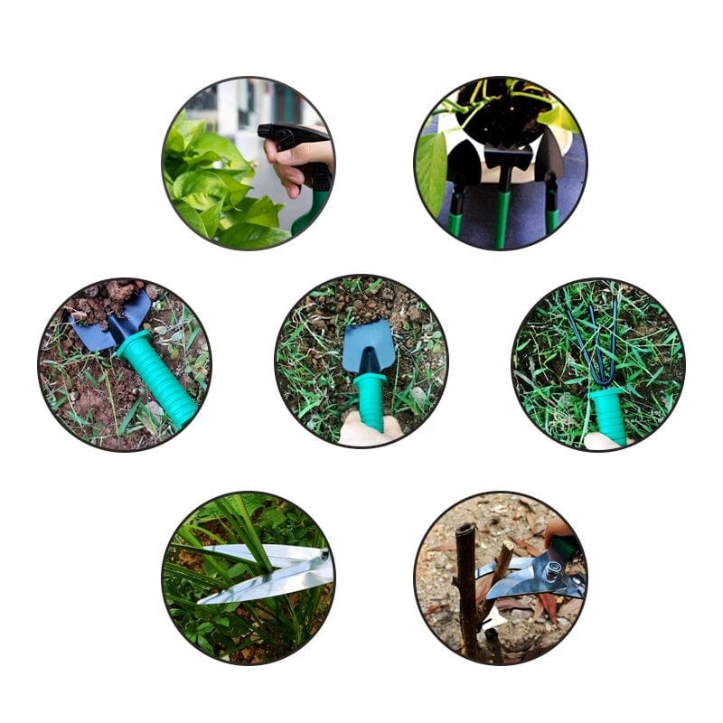 Outils de jardinage multifonctions en gros plan, incluant sécateur, pelle, râteau, et cisaille, utilisés pour tailler, creuser et entretenir le jardin.