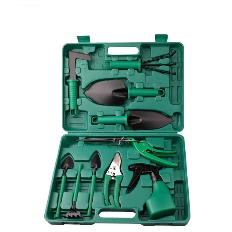 Coffret d'outils de jardinage vert avec pelles, sécateur, pulvérisateur et râteau. Kit complet pour entretien jardin et plantes.