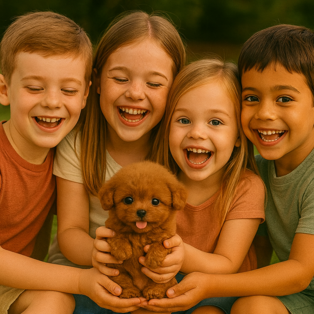Quatre enfants souriants entourent un chiot brun pelucheux dans un parc. Amitié, joie, chiot mignon, enfants heureux, extérieur.