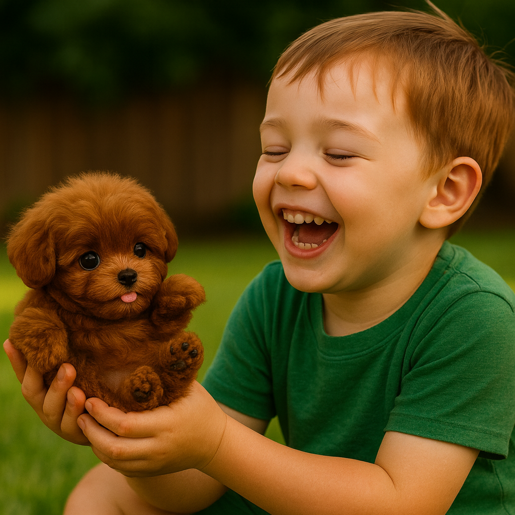 Enfant riant tenant un chiot mignon dans ses mains, pelouse verte en arrière-plan. Joie, complicité, chiot adorable, enfant heureux, extérieur.