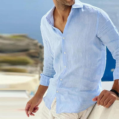 Camisa de algodón y lino de manga larga para hombre para un estilo casual.