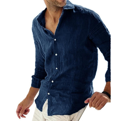 Camisa de algodón y lino de manga larga para hombre para un estilo casual.