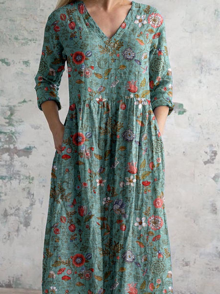 Robe longue à manches longues, motif floral coloré sur fond vert, style bohème chic, tissu léger et fluide, idéale pour l'été.
