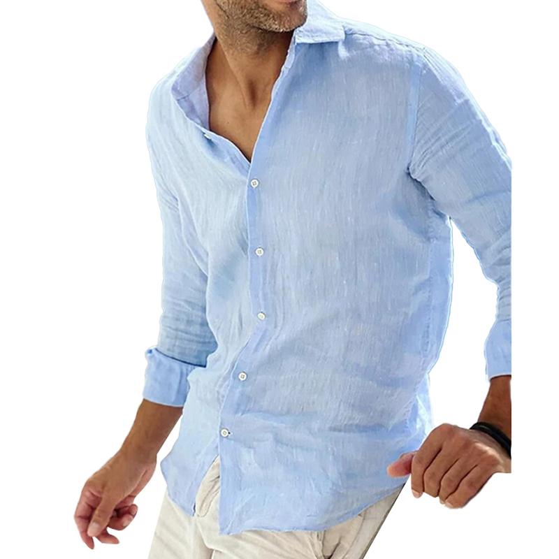 Camisa de algodón y lino de manga larga para hombre para un estilo casual.