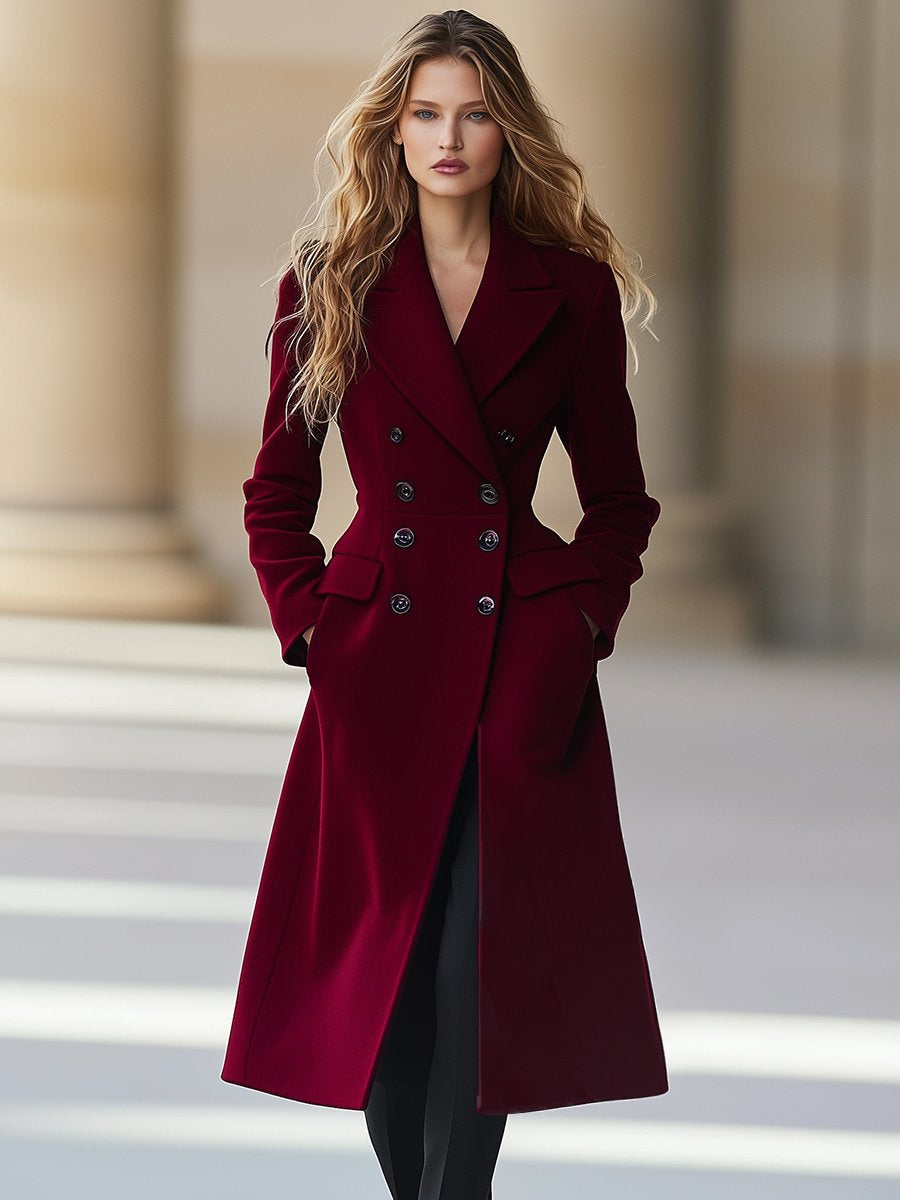 Femme portant un manteau long bordeaux élégant, debout dans un cadre architectural classique. Mode automne-hiver, style chic et sophistiqué.