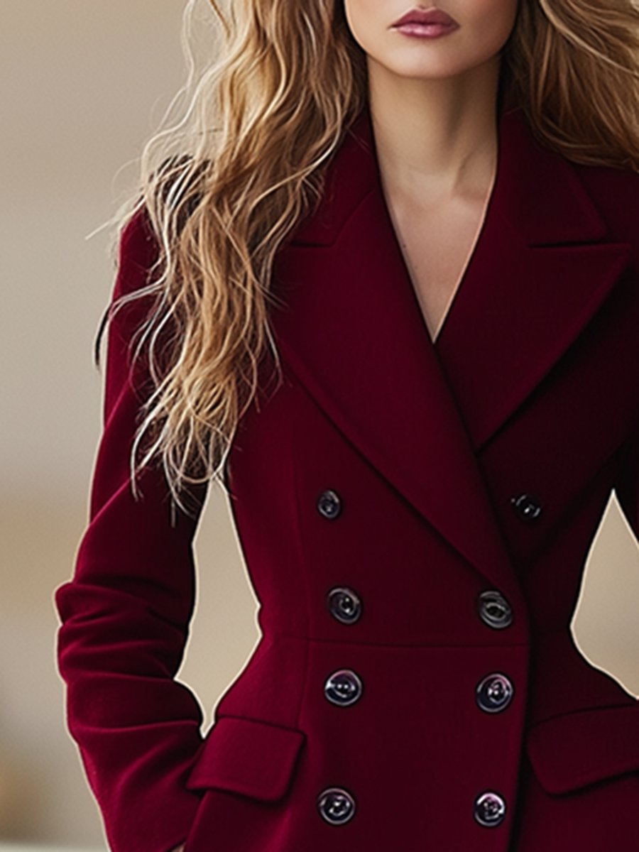 Femme en manteau rouge bordeaux élégant, cheveux ondulés, style automne-hiver, mode féminine chic, boutons noirs, look sophistiqué.