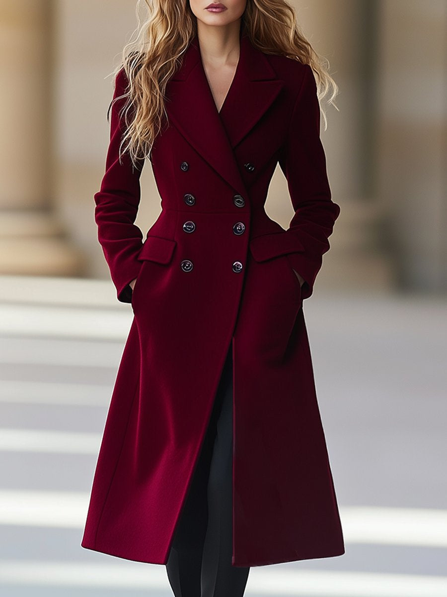 Manteau long bordeaux élégant pour femme, style automne-hiver, avec boutons noirs et poches, idéal pour mode chic et tendance.