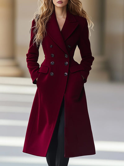 Long wool coat for ladies | Wine red coat with double breasted and notched collar