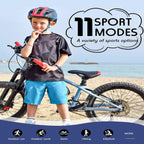 Enfant avec casque tenant un vélo sur la plage, texte "11 modes sportifs" en arrière-plan. Activités: course, vélo, natation, randonnée, elliptique.