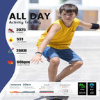 Garçon en short et débardeur jaune faisant du skateboard, suivi d'activité physique: 3025 pas, 531 calories, 20 km, fréquence cardiaque 68 bpm.