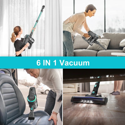 6-in-1 Cordless Stick Vacuum Cleaner - with LED Brush, 2200mAh Battery and Quiet Operation (65dB)