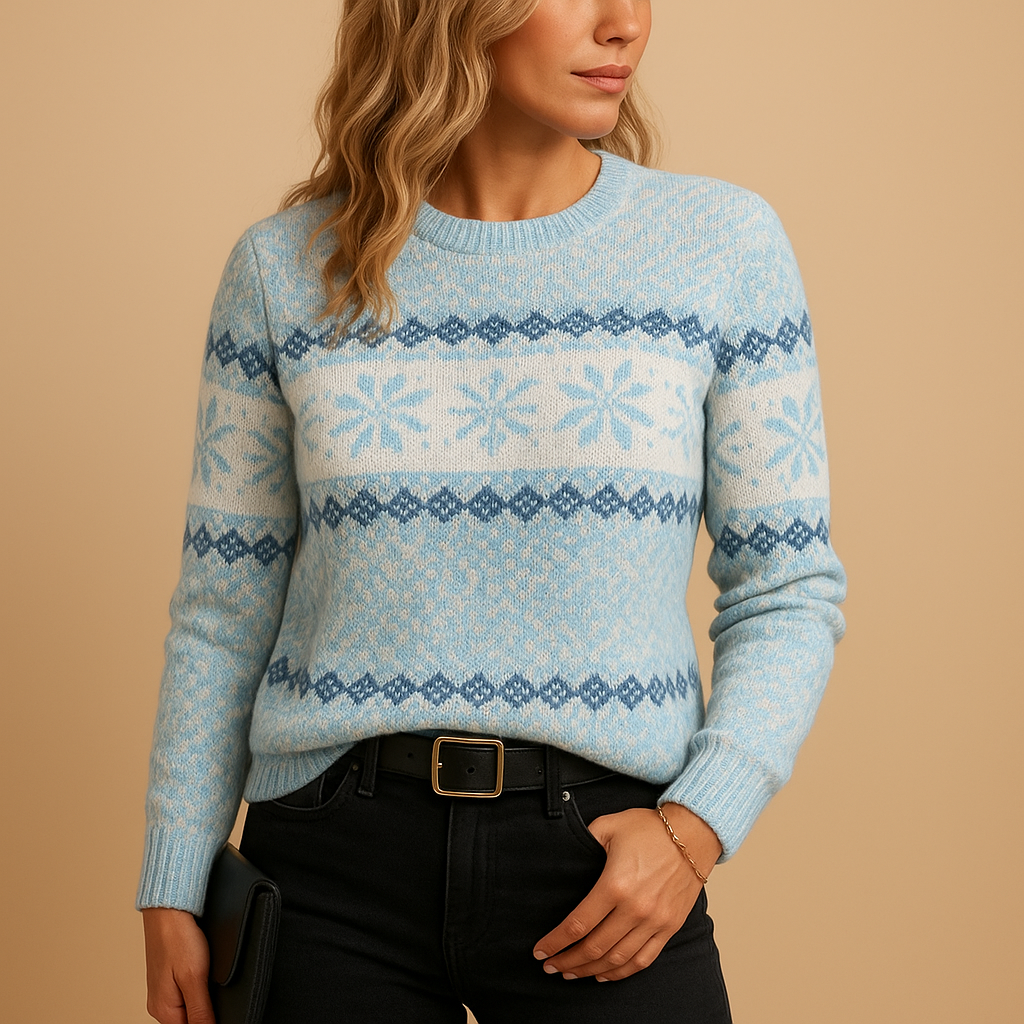 Femme portant un pull bleu à motifs nordiques, cheveux ondulés, tenant un portefeuille noir. Mode hiver, style décontracté, fond beige.