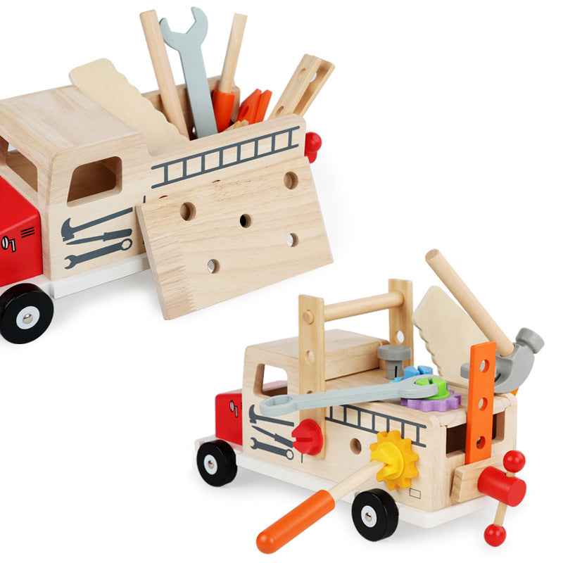 Camion de pompier en bois pour enfants avec outils de bricolage, comprenant marteau, clé et scie. Jouet éducatif et ludique pour développement créatif.