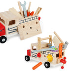 Camion de pompier en bois pour enfants avec outils de bricolage, comprenant marteau, clé et scie. Jouet éducatif et ludique pour développement créatif.
