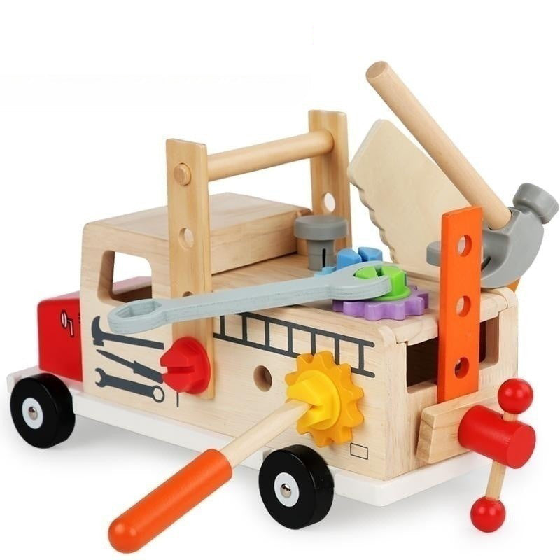 Camion de pompier en bois pour enfants avec outils de bricolage colorés, jouet éducatif, développement de la motricité, jeu créatif.
