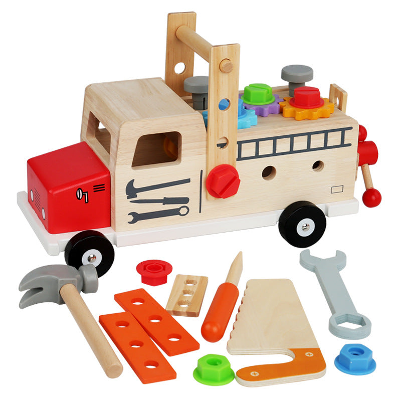 Camion de pompiers en bois avec outils de bricolage pour enfants, jouet éducatif, couleurs vives, développement des compétences motrices et créativité.