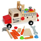Camion de pompiers en bois avec outils de bricolage pour enfants, jouet éducatif, couleurs vives, développement des compétences motrices et créativité.