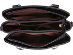 Sac à main noir en cuir avec trois compartiments zippés, doublure marron. Accessoire mode femme, rangement pratique, élégant et fonctionnel.