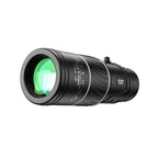 Monoculaire télescope noir avec lentille verte, zoom réglable, idéal pour l'observation de la nature et les activités de plein air.
