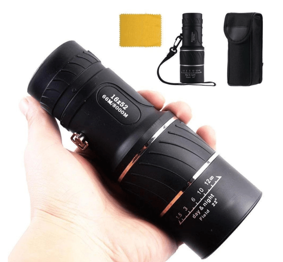 Monoculaire noir 16x52 haute puissance, avec étui de transport, chiffon de nettoyage et dragonne, idéal pour observation jour et nuit.