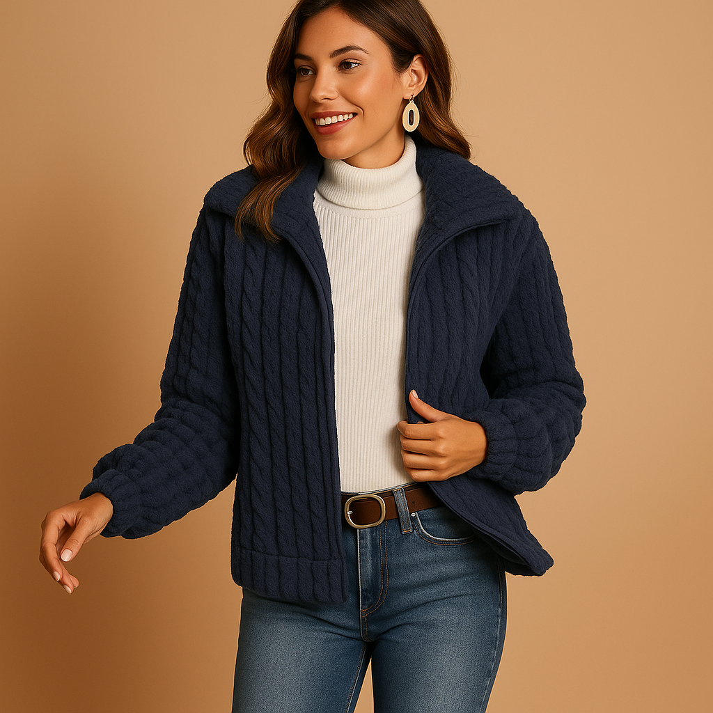 Femme souriante portant un pull bleu marine texturé, col roulé blanc, jeans ajusté, posant sur fond beige. Mode automne-hiver, style décontracté.