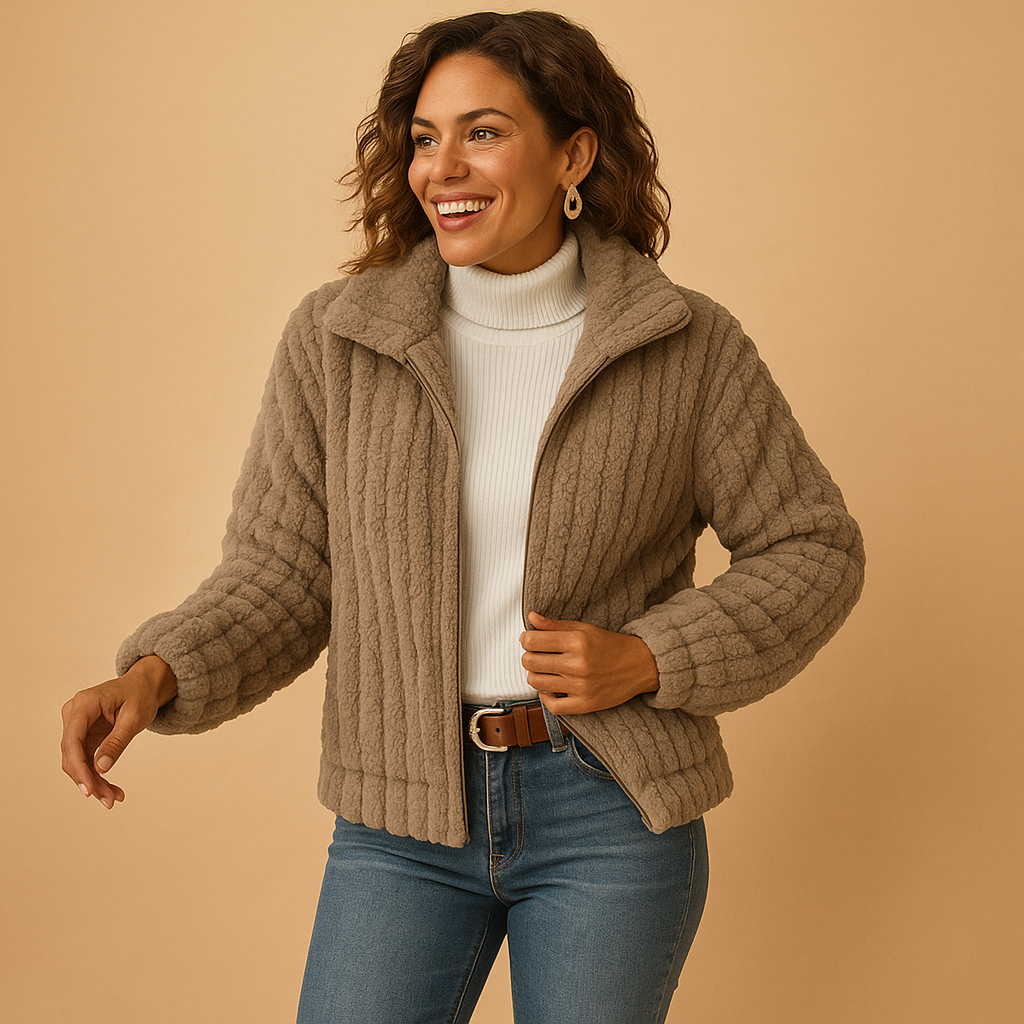 Femme souriante portant une veste en laine beige, col roulé blanc et jean bleu, posant sur fond beige. Mode automne-hiver, style décontracté.
