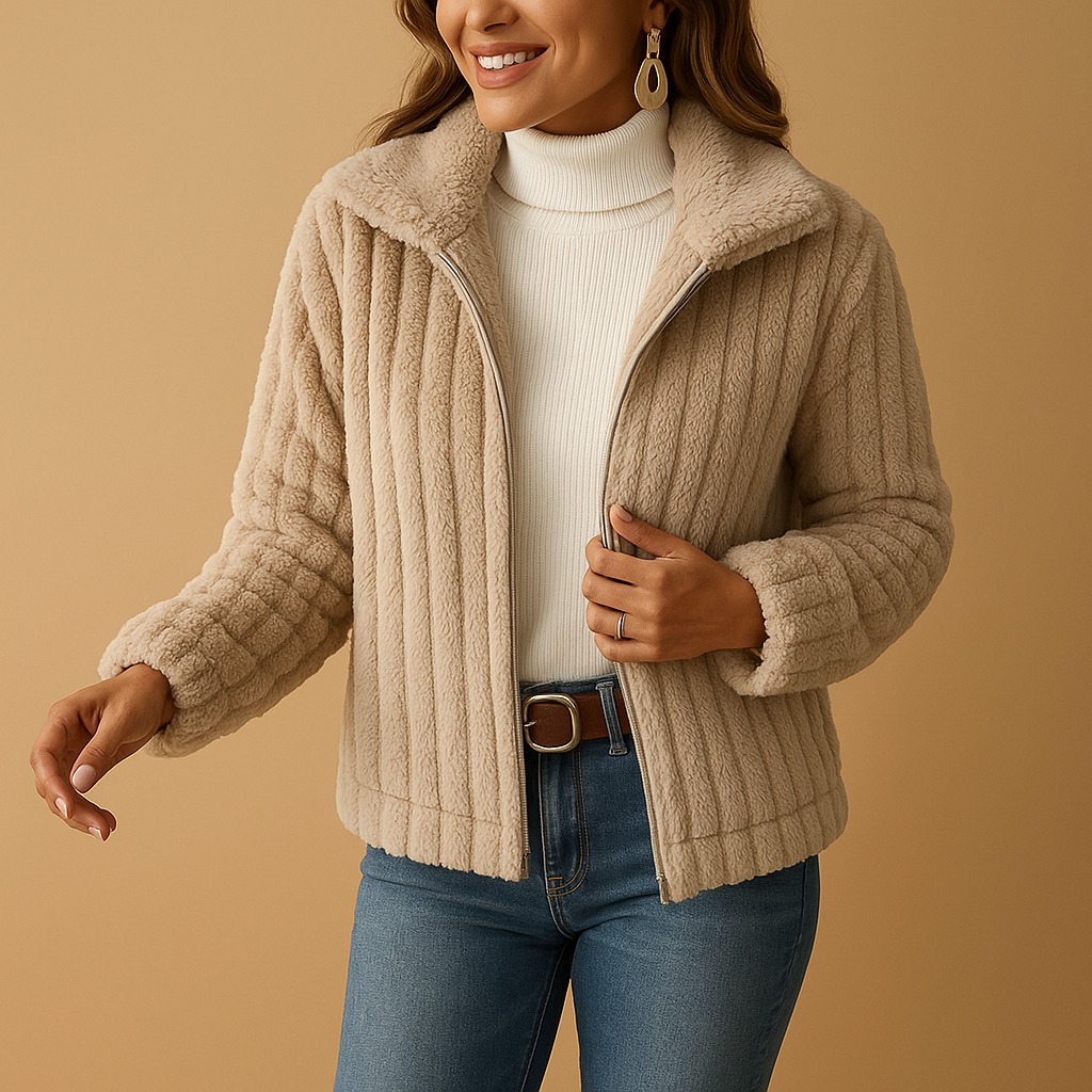 Veste en fausse fourrure beige pour femme, col montant, fermeture éclair, portée avec un pull blanc à col roulé et un jean bleu. Mode automne-hiver.
