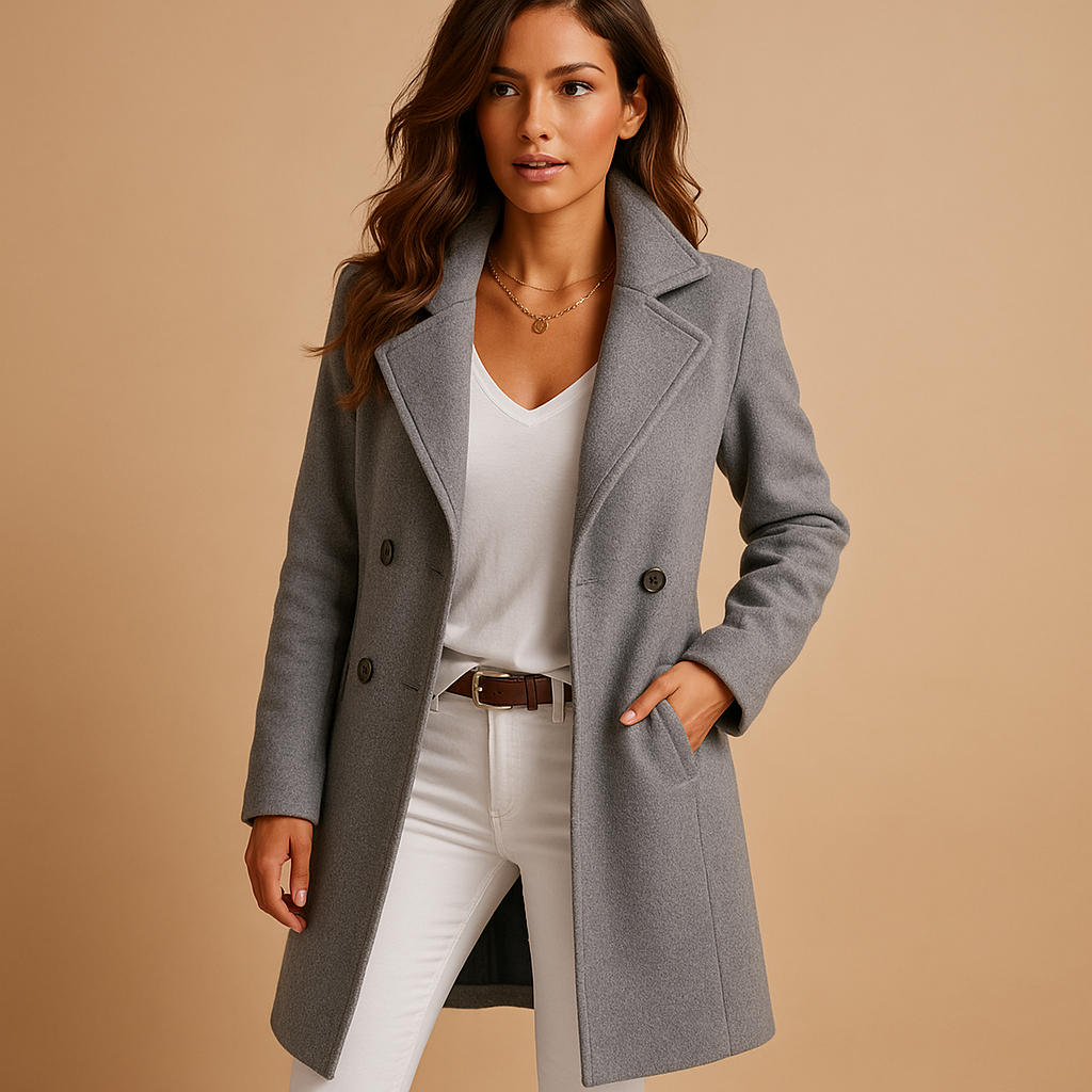 Femme portant un manteau gris élégant, col large, sur fond beige. Mode automne-hiver, style chic et moderne, tenue décontractée avec pantalon blanc.