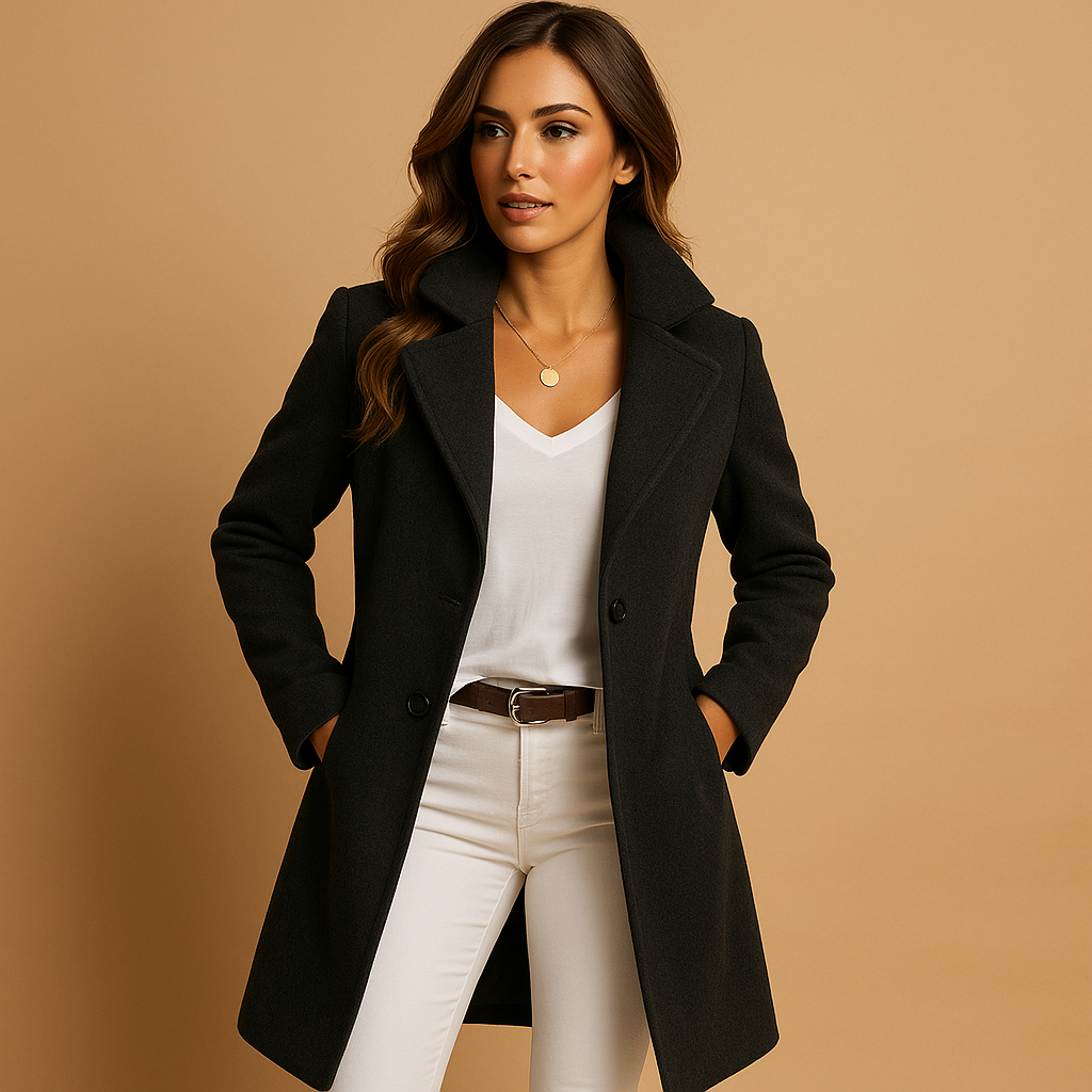 Femme portant un manteau noir élégant, chemise blanche et pantalon beige, posant sur fond beige. Mode automne, style chic et moderne.